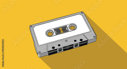 Retro audio cassette tape on a bright yellow background with long shadow effect in a minimalist flat vector illustration.