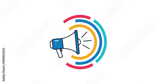 Blue megaphone icon emitting colorful circular waves representing broadcast communication and loud marketing announcement messages.