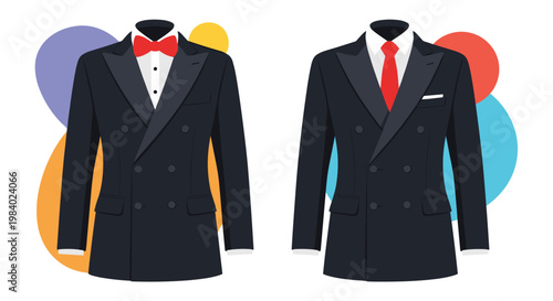 Two elegant mens formal suits featuring one tuxedo with a red bow tie and another with a red necktie on a colorful backdrop.