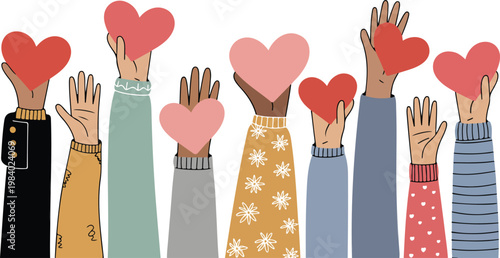 A digital illustration of multiple raised hands holding red and pink hearts with colorful sleeves on white background