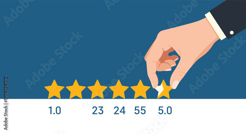 Human hand selecting a five star rating among a row of yellow stars to indicate excellent service and customer satisfaction.