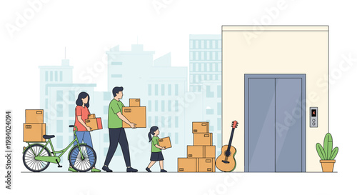Family of three carrying cardboard boxes and a bicycle towards an elevator in a city moving house scene illustration.