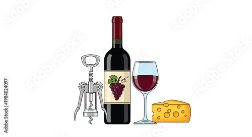 Composition featuring a red wine bottle with a grape label alongside a filled glass, a metal corkscrew, and a piece of cheese.
