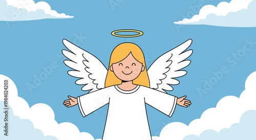 Cute illustration of a smiling angel with blonde hair and white wings floating among soft white clouds in a blue sky.