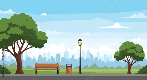 Peaceful city park landscape featuring a wooden bench, a trash can, and a street lamp on a green field with city buildings in the distance.