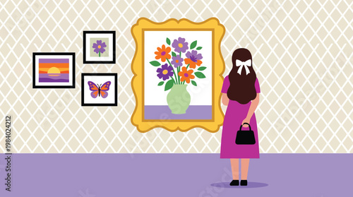 Woman in pink dress viewing floral and nature paintings in an art gallery museum vector illustration