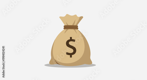 Large brown burlap sack filled with money featuring a prominent dollar sign on the front against a grey background.