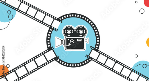 Vintage movie camera icon centered within a circular frame with film strips extending outwards in different directions.