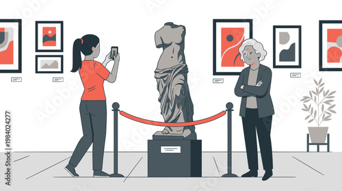 Modern Art Museum Illustration with Young Woman Taking Photos and Senior Woman Observing Cultural Exhibition