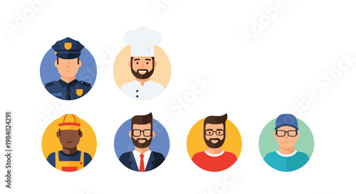 Set of circular avatars representing different professions including a policeman, chef, construction worker, and office employee.