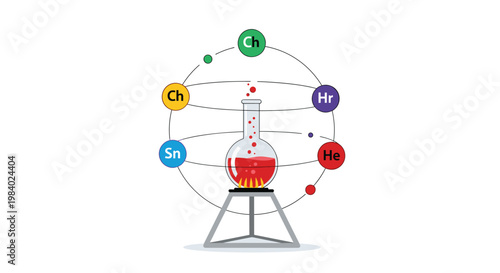Laboratory round bottom flask heated by a flame with colorful chemical symbols circling around it for science and research concepts.