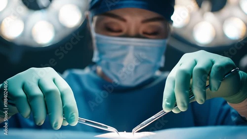 Female Surgeon Performing Operation With Surgical Instruments in Operating Room, Close Up