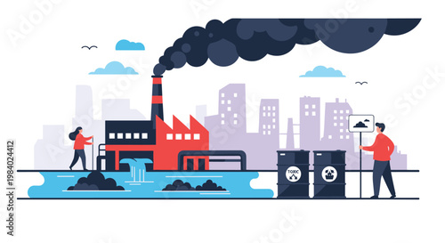 Factory building with black smoke emissions and toxic waste barrels next to a polluted river while people protest for environmental protection.