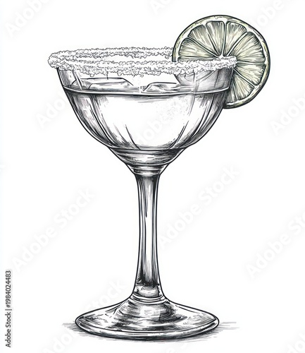 hand-drawn sketch of a chilled margarita in a stemmed cocktail glass with salted rim, ice cubes and a lime wheel garnish, evoking a refreshing inviting summer mood