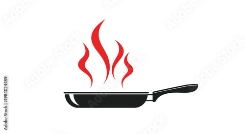 Modern black frying pan with stylized red steam or heat waves rising from it to represent cooking, kitchen, and culinary preparation themes.