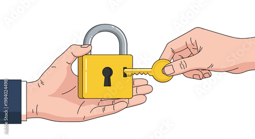 Human hand holding a large yellow padlock while another hand inserts a golden key to unlock it for safety and security concepts.