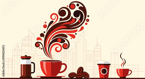 An illustration featuring various coffee brewing methods and cups, with elaborate swirling steam rising from a central red mug against a subtle city skyline.