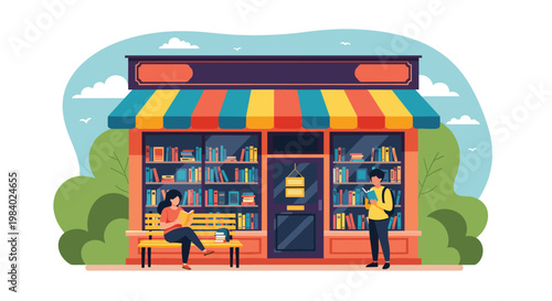 Charming local bookstore storefront with full shelves of books and people enjoying reading outside on a bench in a quiet urban setting.