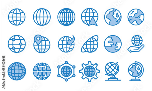 Set of globe icons with various earth designs, global communication and geography concept illustration.