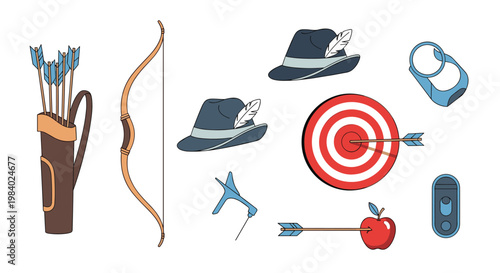 Set of archery equipment including a wooden bow, quiver with blue arrows, target, and an apple with an arrow shot through the center.