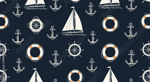 Seamless nautical pattern with white sailboats, anchors, lifebuoys, and ship wheels on a dark blue background for sea and travel designs.