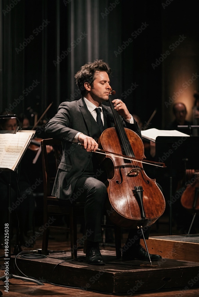 Fototapeta premium Cellist playing classical music on cello with dramatic studio lighting