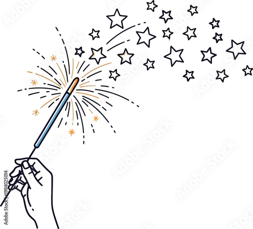 Hand holding sparkler with colorful sparks and stars