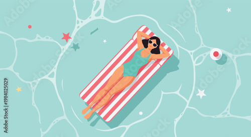 High angle view of a young woman wearing sunglasses and a swimsuit relaxing on a red and white striped inflatable raft in a swimming pool.