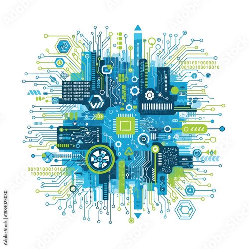 A blue and green circuit board with many electronic components