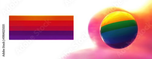 Vibrant glossy striped sphere floating beside a rounded horizontal color bar with warm pink and orange glow on a clean white background, evoking a playful energetic mood