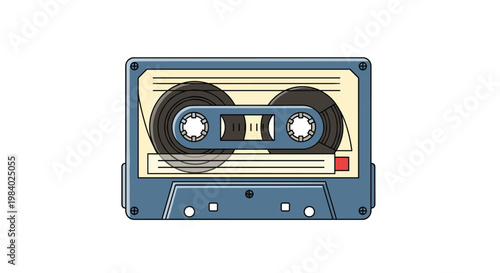 Detailed vector illustration of a vintage blue audio cassette tape with realistic tape reels and labels isolated on a white background.