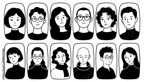 Diverse collection of stylized black and white portraits of people in a grid formation showcasing various hairstyles and facial expressions faces diversity group individuals