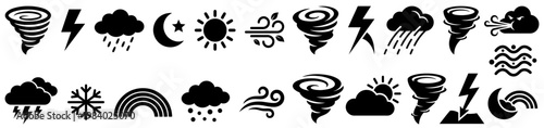 A collection of black weather icons representing tornadoes lightning rain snow sun wind moon and rainbows against a white backdrop symbols storm clouds forecast meteorology