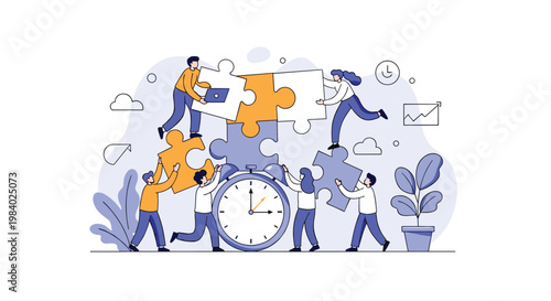 Concept of time management and teamwork showing professional people assembling giant puzzle pieces around a large blue alarm clock.