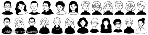 Diverse group of cartoon people portraits showing various hairstyles expressions and clothing styles in a clean line art illustration Diverse group of cartoon people portraits showing