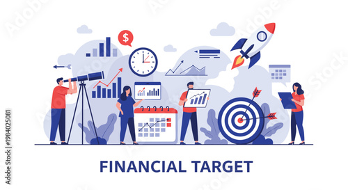 Business team working on financial targets featuring charts, graphs, a rocket launch, a telescope, a calendar, and a bullseye with arrows.