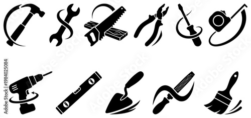 Collection of black silhouette icons representing various construction and DIY tools including a hammer wrench saw pliers screwdriver tape measure drill level trowel file and paintbrush