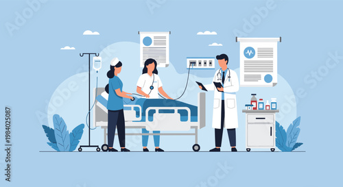 Medical professionals including a doctor and two nurses attending to a patient in a hospital bed with monitors and equipment in a blue room.