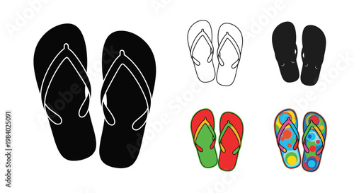 Collection of flip-flops in various styles including black silhouettes, outline drawings, and colorful patterned versions on a white background.