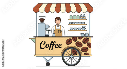 Friendly male barista smiling behind a mobile wooden coffee cart equipped with an espresso machine and various coffee supplies.
