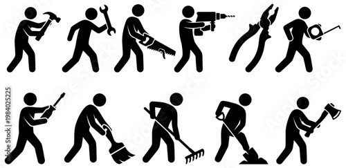 A collection of stick figure icons representing people using various hand tools and performing manual labor tasks including hammering sawing and digging handyman worker construction