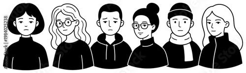 A diverse group of six simplified line art characters with black clothing and varied hairstyles and facial expressions stand in a row people illustration black and white artistic