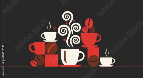 A graphic illustration of various coffee cups and beans with steam, in a modern, stylized composition.
