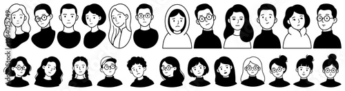 Collection of diverse cartoon faces with various hairstyles and expressions representing a variety of people in a simple graphic style diversity illustration group man woman