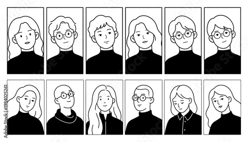 Collection of diverse cartoon portraits of men and women with varied hairstyles and eyewear presented in a grid format illustration people diversity faces group graphic black