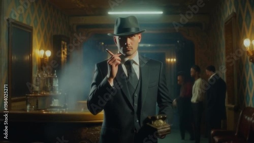 Man in suit and hat smokes cigar in vintage bar