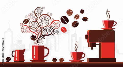 A vibrant graphic illustration of a coffee-themed scene featuring a coffee machine, red mugs, a creamer, and swirling coffee beans with a city skyline background.
