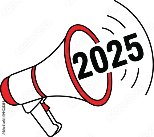 Megaphone announcing 2025 with bold red and black design elements