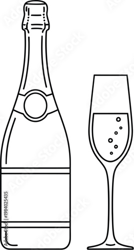 A bottle of champagne and a glass of bubbly wine illustration