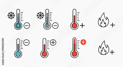 Temperature Control Vector Icons Set - Minimalist Thermometer with Snowflake and Flame Symbols